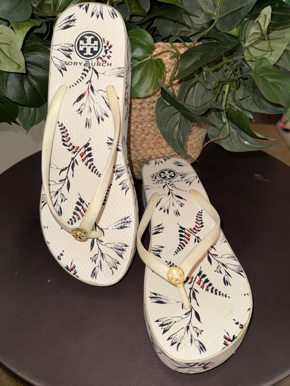 Tory Burch Cream Floral Platform Sandals with Navy & Coral Accents Size 10